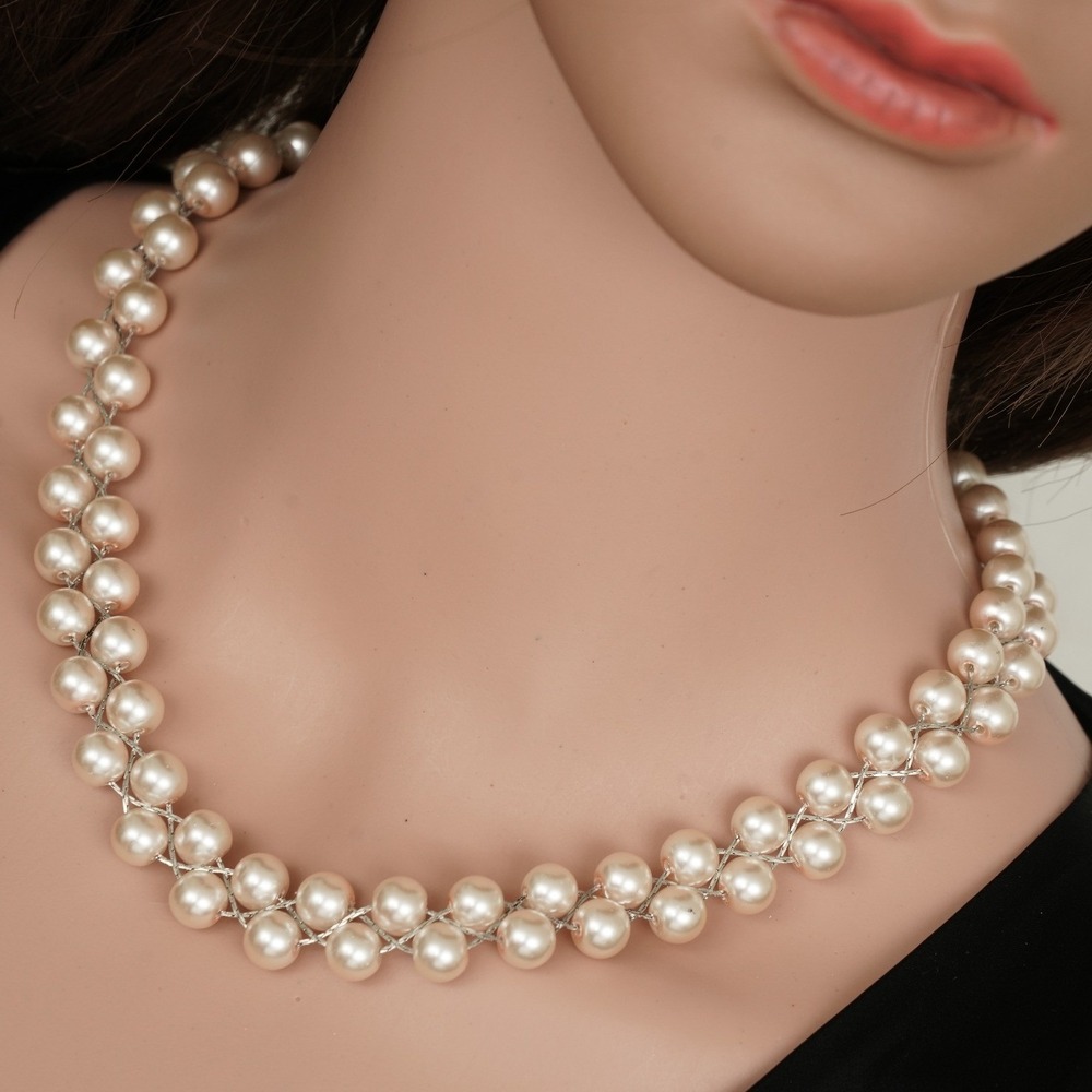 Double Strand Woven Faux Pearl Necklace Silver Tone Cream Beaded Statement Clasp